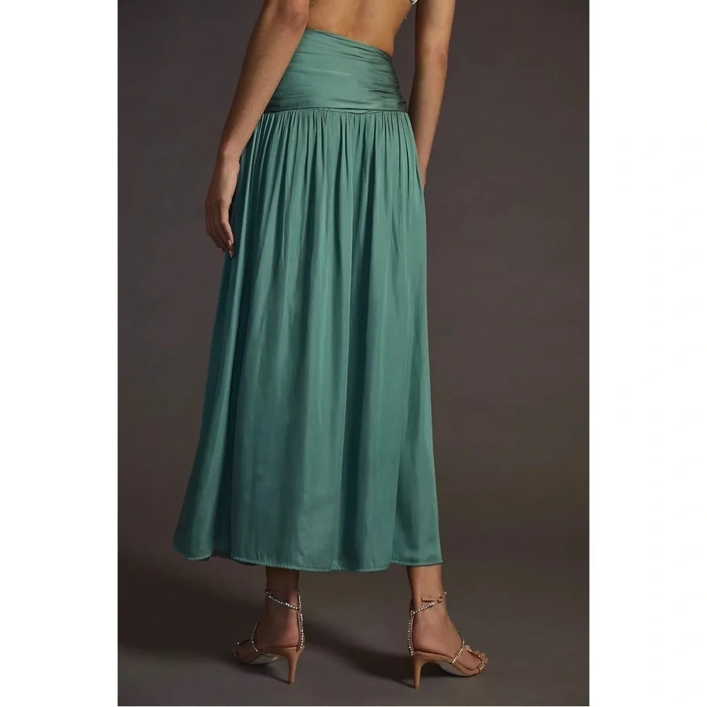 Anthropologie Current Air Green Satin Slit Midi Skirt XS Resort Vacation NWT